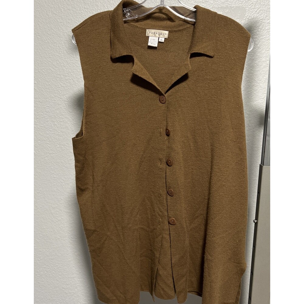 Vintage Paradox Wool Blend Sleeveless Knit Vest Camel Brown Pink Buttons Size XL